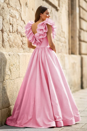 Red Ruffle V Neck Satin A - Line Long Prom Dresses - KissProm