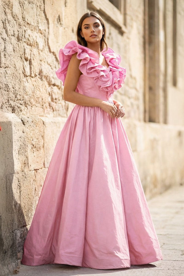 Red Ruffle V Neck Satin A - Line Long Prom Dresses - KissProm