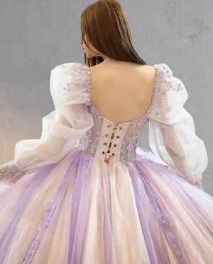 Pink Ball - Gown Tulle Long - Sleeve Quinceanera Dress - KissProm