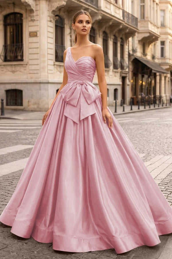 One Shoulder Satin A Line Prom Dress With Bow - KissProm