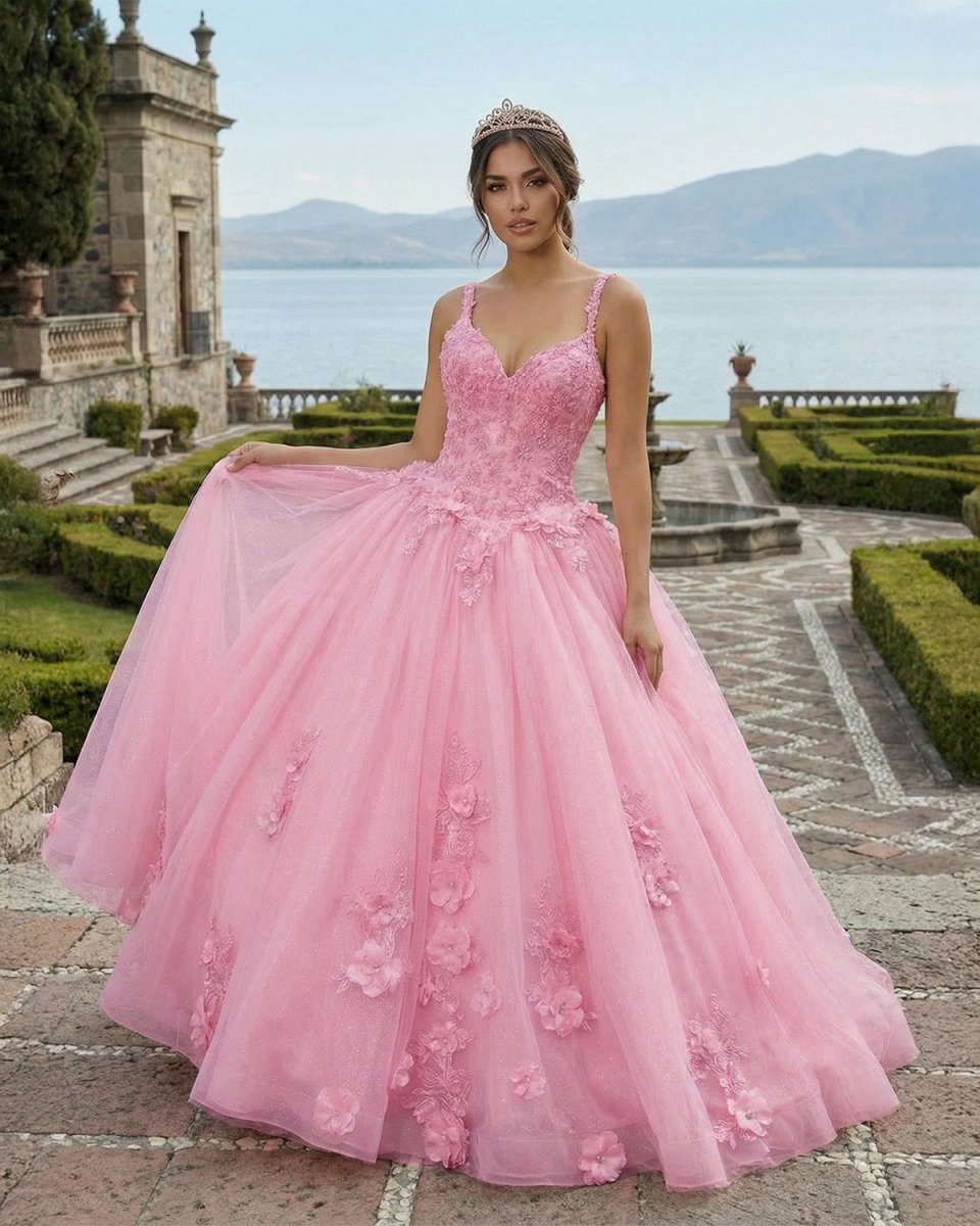 Pink Tulle Floral Appliques Sweetheart Lace-Up Quinceanera Dress – Prom Dress by KissProm | Available at KissProm