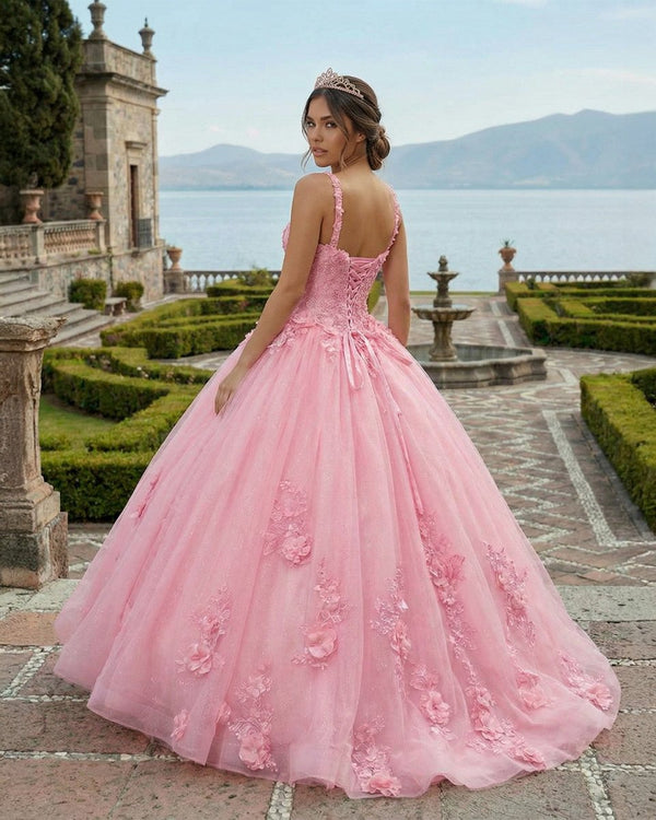 Pink Tulle Floral Appliques Sweetheart Lace-Up Quinceanera Dress – Prom Dress by KissProm | Available at KissProm
