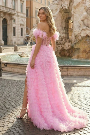 A Line Sweetheart Tiered Tulle Long Prom Dress With Slit - KissProm