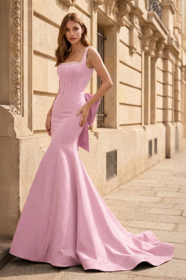 Black Square Neck Mermaid Satin Long Prom Dresses With Pearls – Prom Dress by KissProm | Available at KissProm