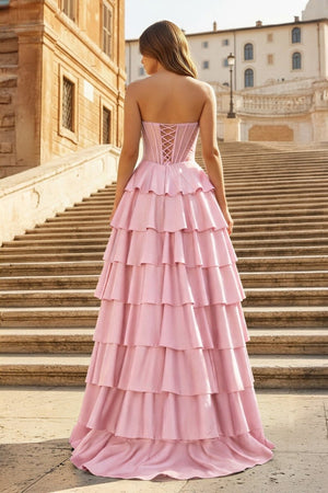 Gray Sweetheart A Line Satin Ruffled Long Prom Dresses With Slit - KissProm