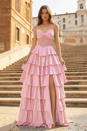 Gray Sweetheart A Line Satin Ruffled Long Prom Dresses With Slit - KissProm