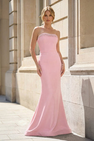 Fuchsia Strapless Mermaid Satin Long Prom Dresses With Beading - KissProm