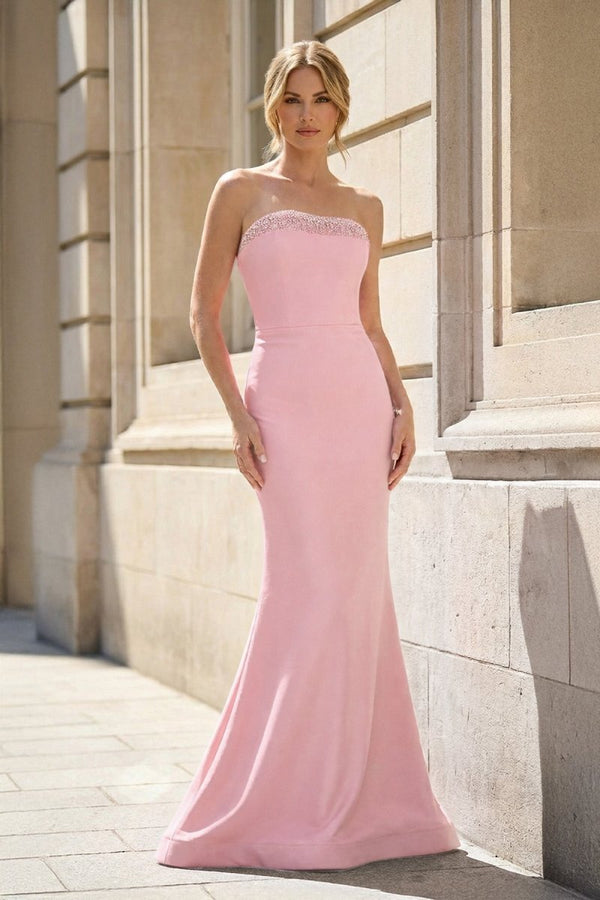 Fuchsia Strapless Mermaid Satin Long Prom Dresses With Beading - KissProm