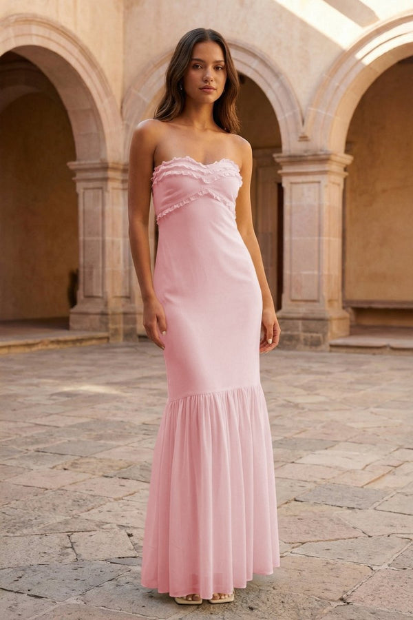 Yellow Strapless Sheath Chiffon Long Prom Dresses With Ruffles – Prom Dress by KissProm | Available at KissProm
