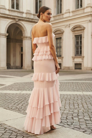 Pink Strapless Sheath Chiffon Ruffled Long Prom Dresses – Prom Dress by KissProm | Available at KissProm