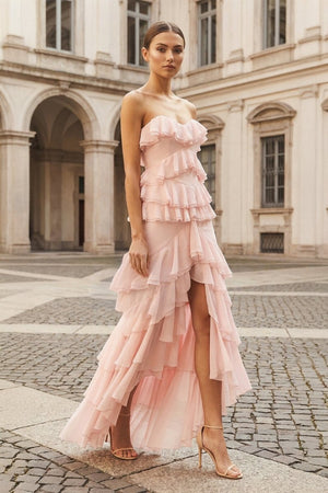 Pink Strapless Sheath Chiffon Ruffled Long Prom Dresses – Prom Dress by KissProm | Available at KissProm