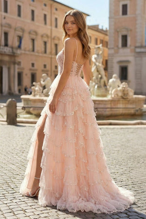 Straps Black Mesh Cutout Sequined Layered Long Prom Dress - KissProm