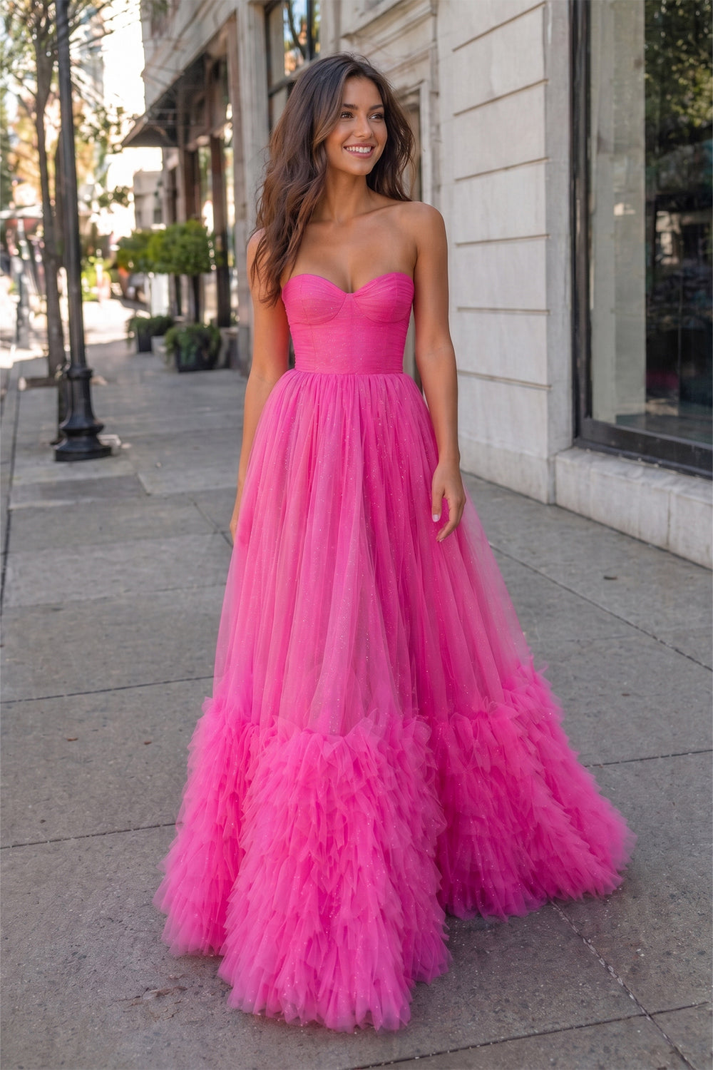 Pink Sweetheart Tiered Tulle Long Prom Dresses