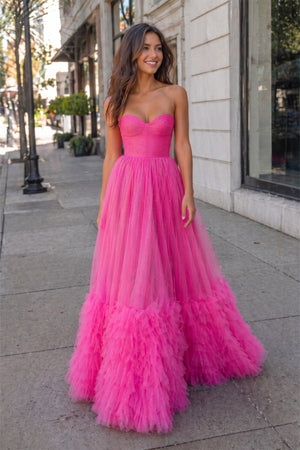 Pink Sweetheart Tiered Tulle Long Prom Dresses