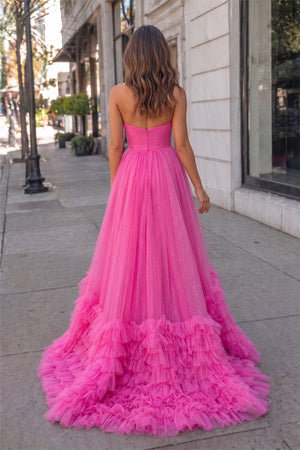 Pink Sweetheart Tiered Tulle Long Prom Dresses
