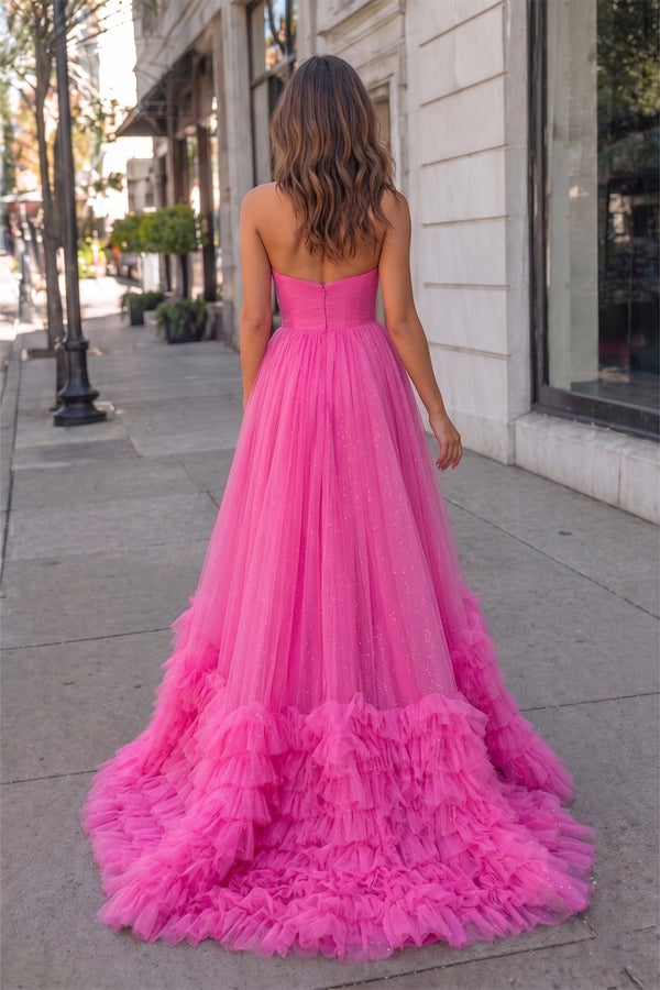 Pink Sweetheart Tiered Tulle Long Prom Dresses