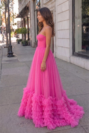 Pink Sweetheart Tiered Tulle Long Prom Dresses