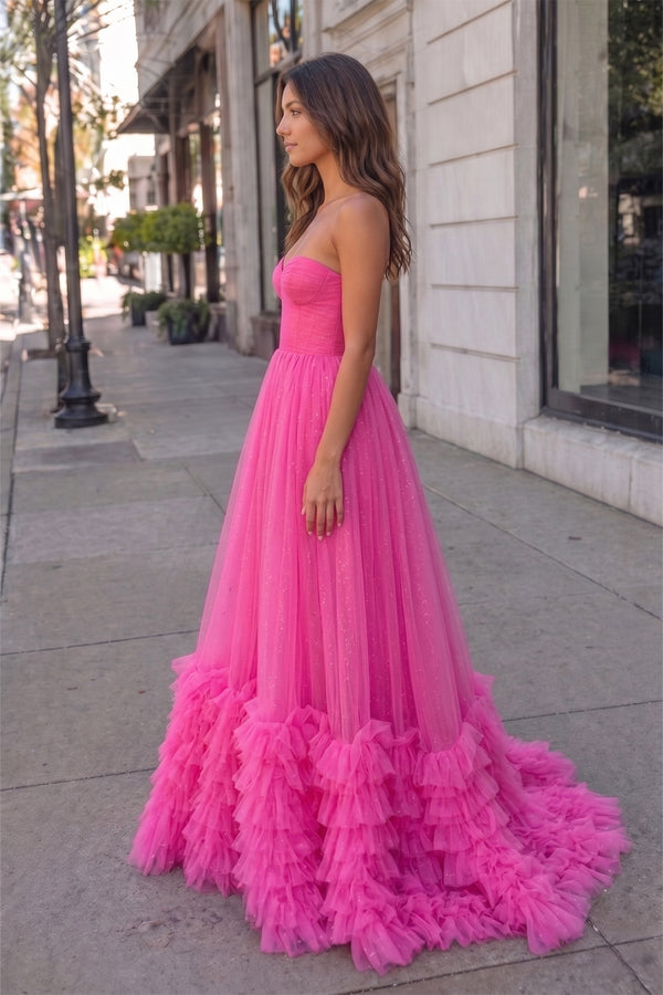 Pink Sweetheart Tiered Tulle Long Prom Dresses