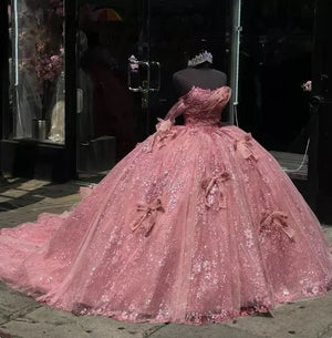 Pink Tulle Ball - Gown Off - the - Shoulder Quinceanera Dresses - KissProm