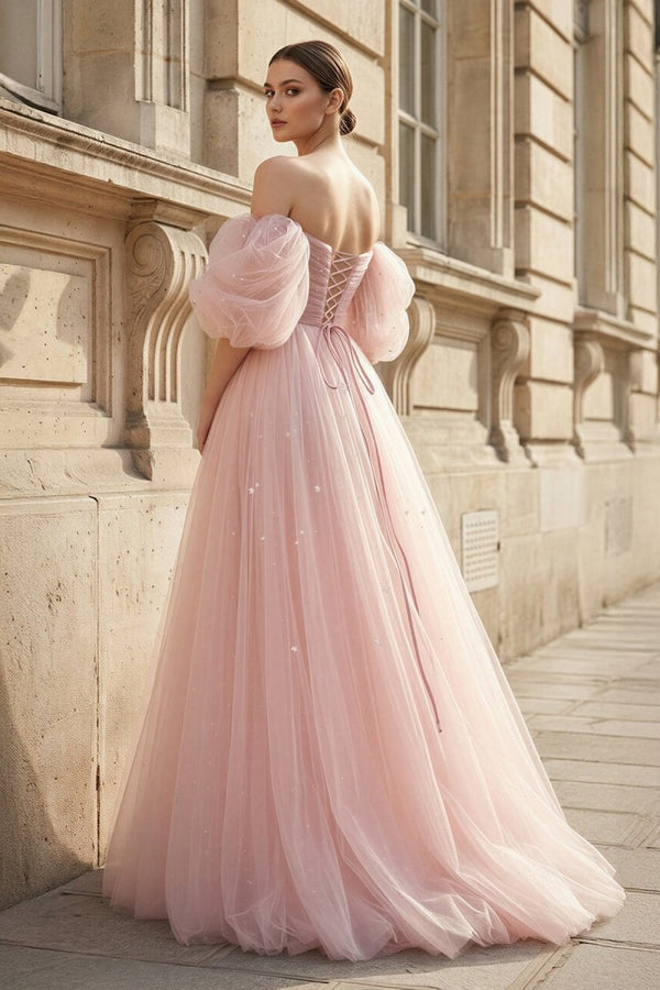 Pink Tulle Floor Length Prom Dress, Cute A - Line Evening Party Dress - KissProm
