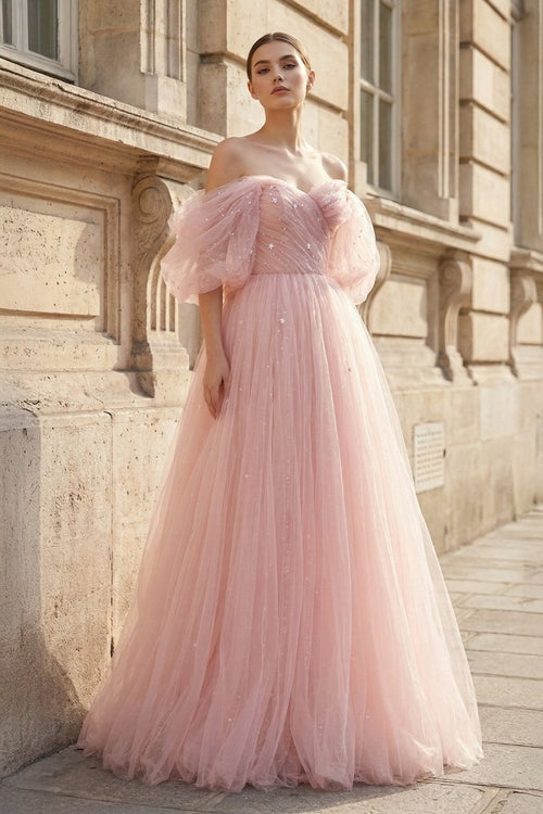 Pink Tulle Floor Length Prom Dress, Cute A - Line Evening Party Dress - KissProm