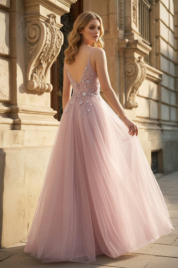 Pink Tulle Long A-Line Prom Dress, Pink Spaghetti Formal Dress with Beaded – Prom Dress by KissProm | Available at KissProm