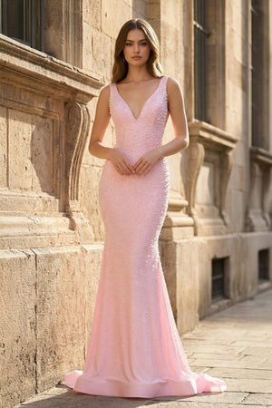 Pink V Neck Mermaid Satin Long Prom Dresses With Pearls – Prom Dress by KissProm | Available at KissProm