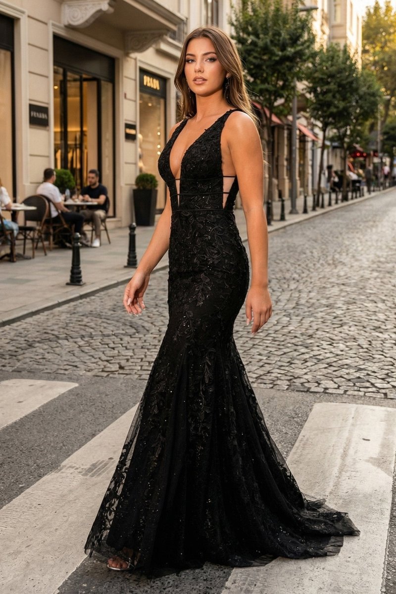 Mermaid Plunge V Neck Lace Prom Dress - KissProm