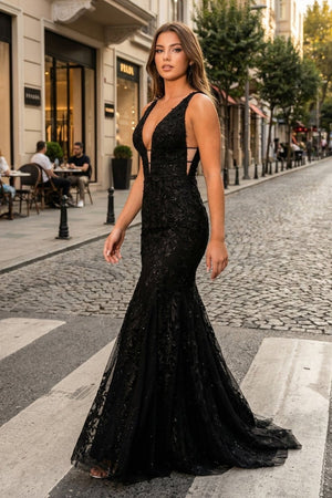 Mermaid Plunge V Neck Lace Prom Dress - KissProm