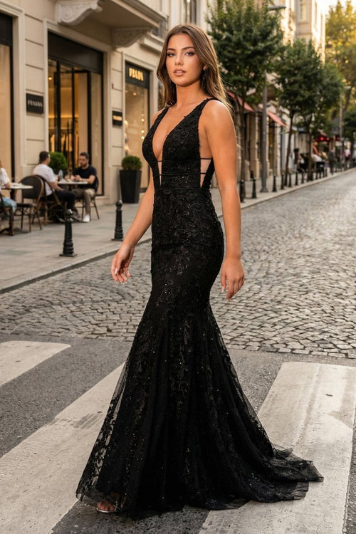 Mermaid Plunge V Neck Lace Prom Dress - KissProm