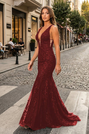 Mermaid Plunge V Neck Lace Prom Dress - KissProm
