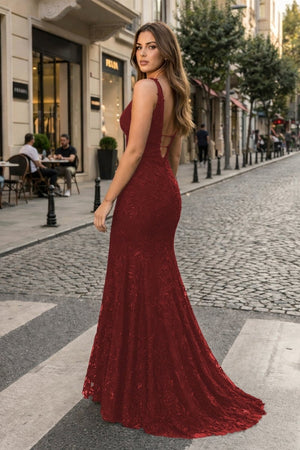 Mermaid Plunge V Neck Lace Prom Dress - KissProm