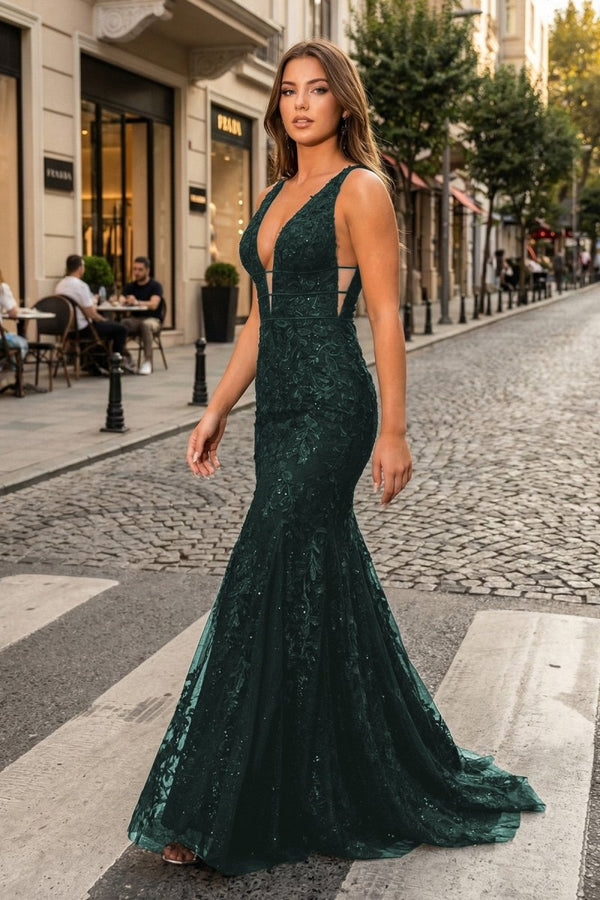 Mermaid Plunge V Neck Lace Prom Dress - KissProm
