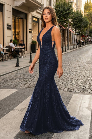 Mermaid Plunge V Neck Lace Prom Dress - KissProm