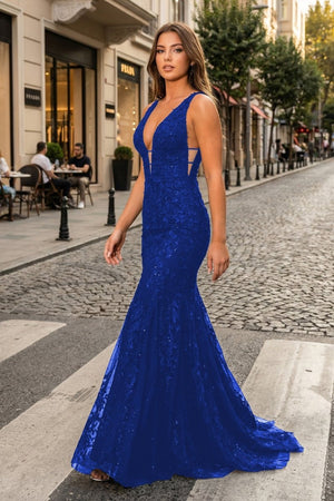 Mermaid Plunge V Neck Lace Prom Dress - KissProm