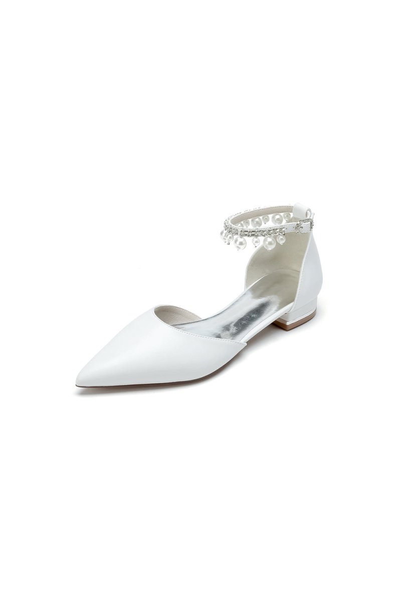 Pointed Toe Ankle Strap Pearl Beaded Low Heels - KissProm
