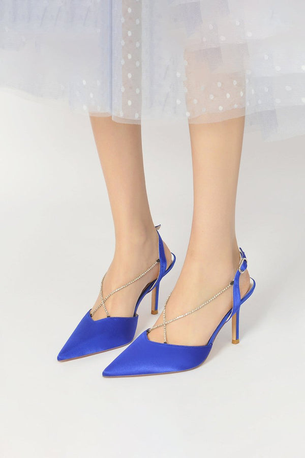 Pointed Toe Crystal Ankle Strap Stiletto Heels - KissProm
