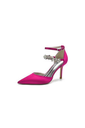 Pointed Toe Crystal Buckle Strap High Heels - KissProm