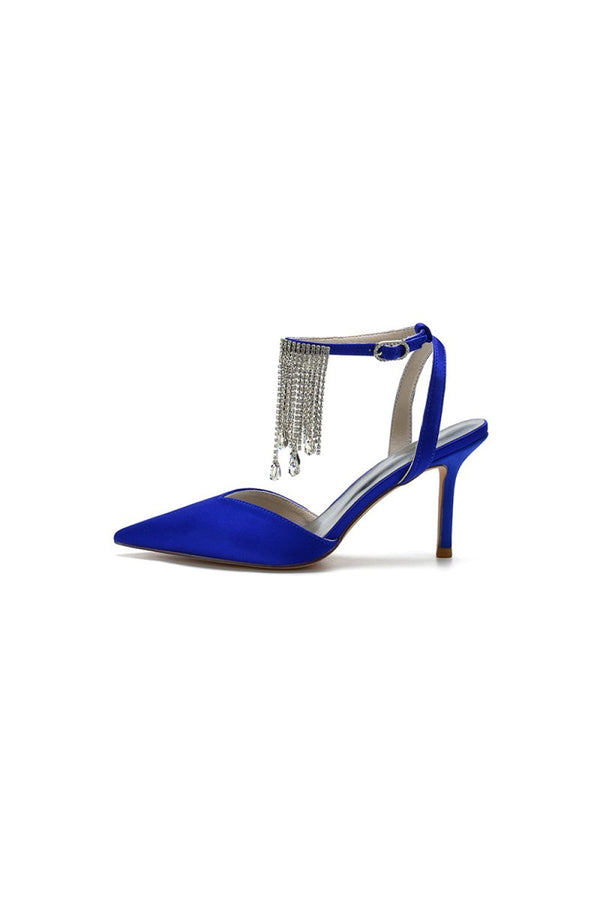 Pointed Toe Crystal Tassel Strap Heels - KissProm
