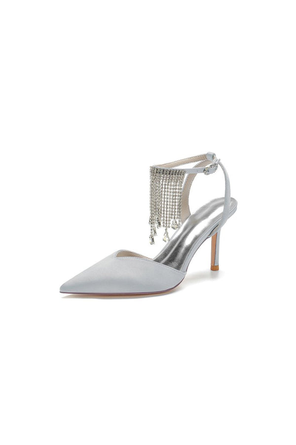 Pointed Toe Crystal Tassel Strap Heels - KissProm