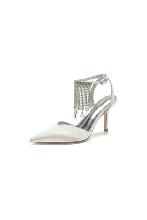 Pointed Toe Crystal Tassel Strap Heels - KissProm