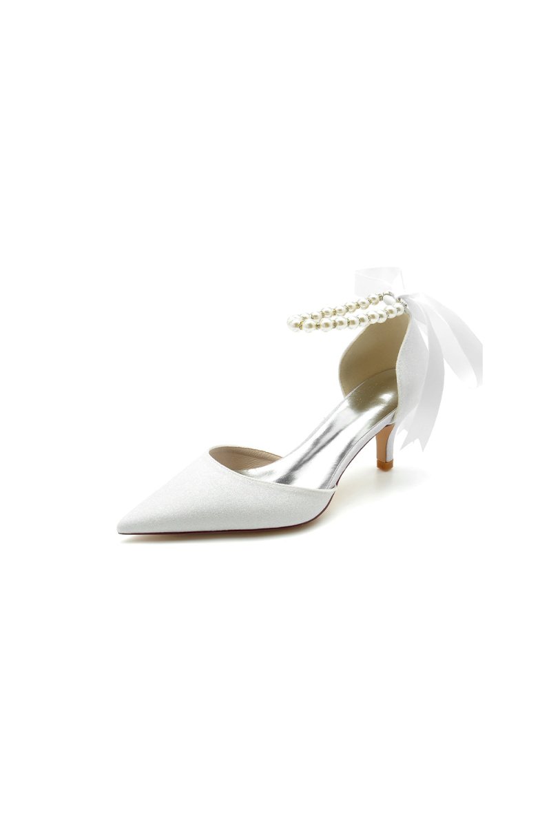 Pointed Toe Glitter Crystal Ribbons Faux Pearl Pumps - KissProm