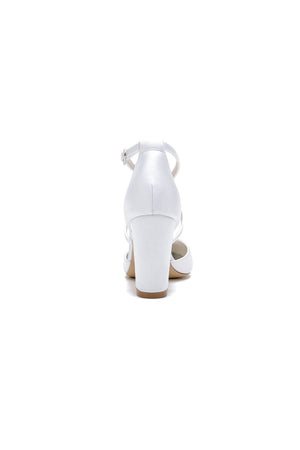 Pointed Toe Ivory Chunky Heels with Lace - KissProm