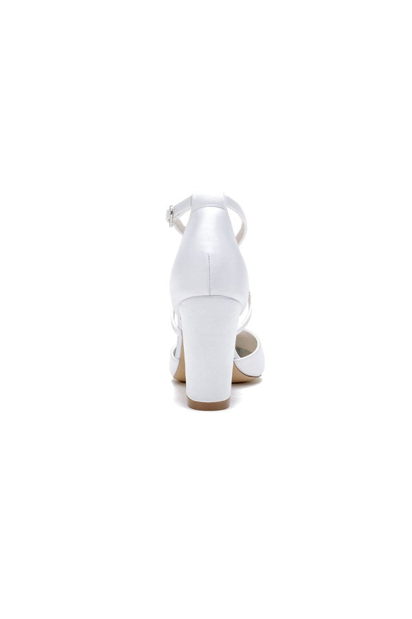 Pointed Toe Ivory Chunky Heels with Lace - KissProm