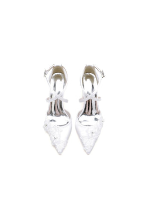Pointed Toe Ivory Chunky Heels with Lace - KissProm