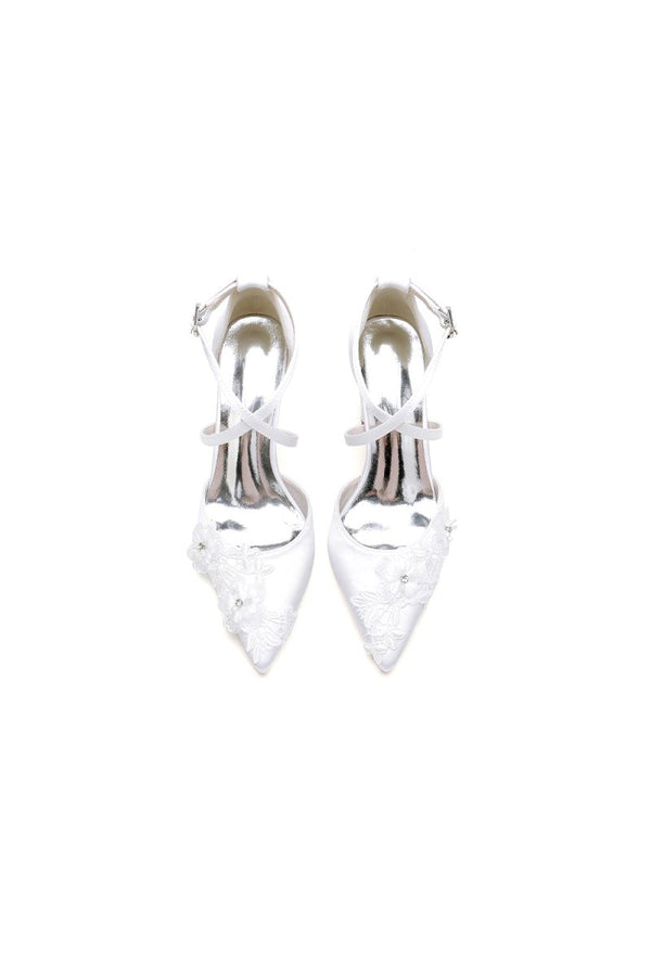 Pointed Toe Ivory Chunky Heels with Lace - KissProm