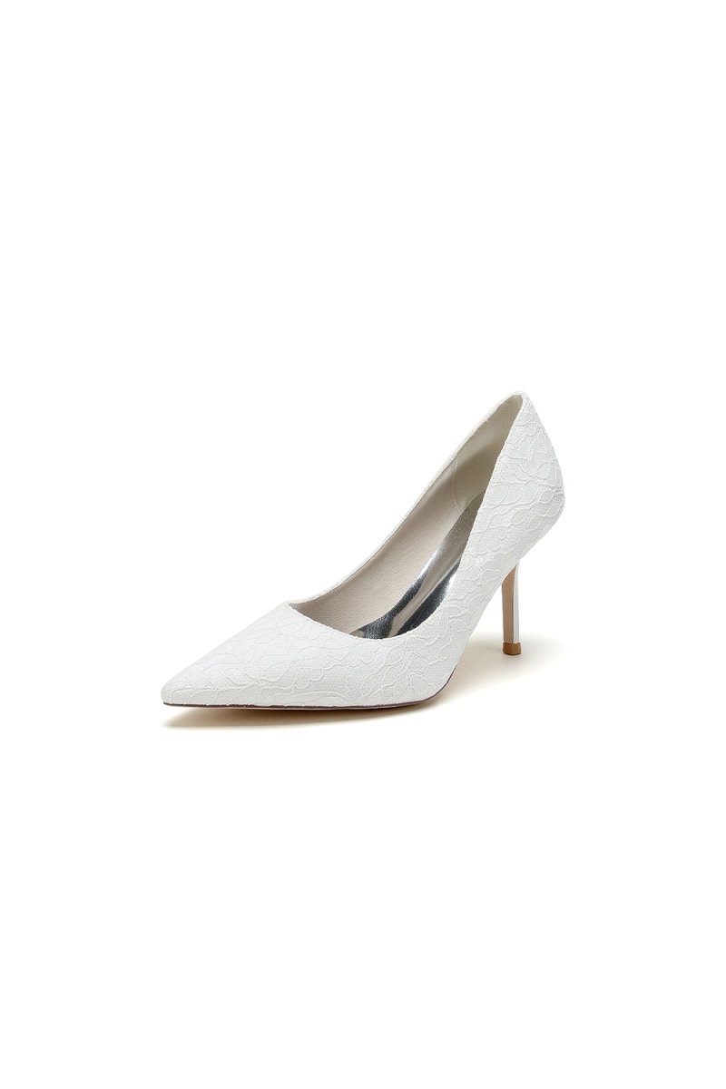 Simple Pointed Toe Lace Wedding Heels - KissProm