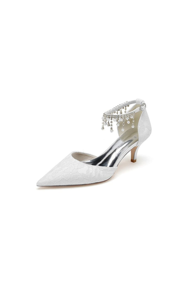 Pointed Toe Pearl Chain Strap High Heels - KissProm