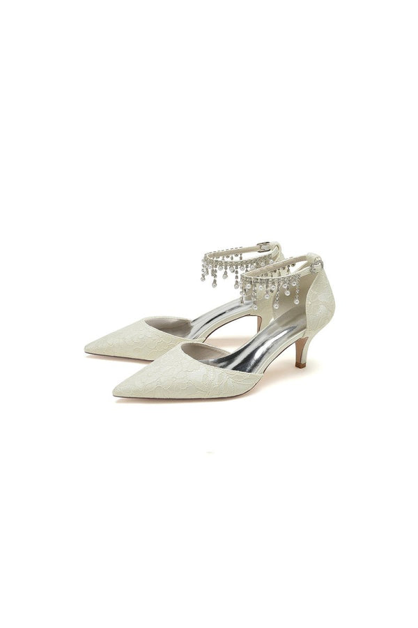 Pointed Toe Pearl Chain Strap High Heels - KissProm
