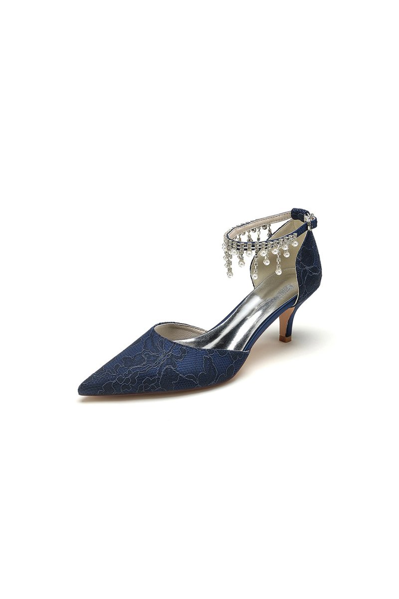 Pointed Toe Pearl Chain Strap High Heels - KissProm